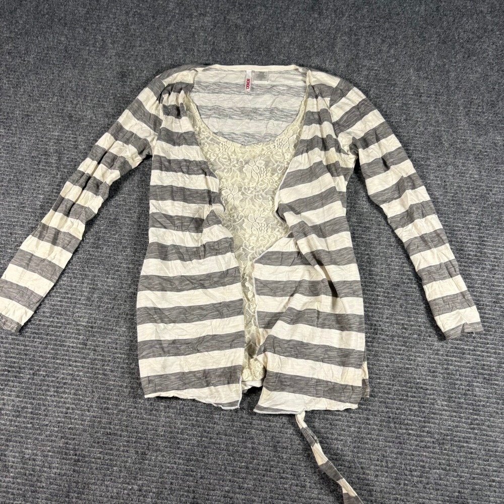 Bongo Cardigan Camisole Set Womens Medium Gray Cream Excellent Lace Striped